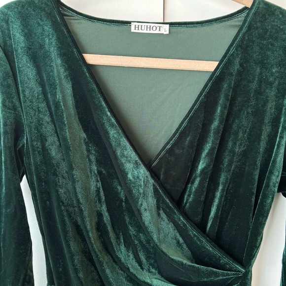 Velvet Wrap V Neck Long Sleeve Split Wrap Dress - Green, Large, New - Picture 3 of 5